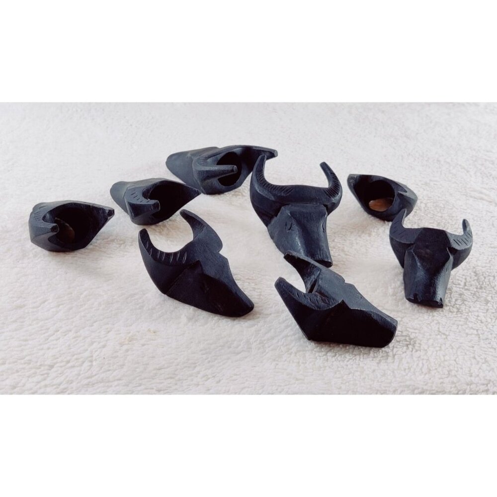 Water Buffalo Napkin Rings Hand Carved Hard Wood Black Set of 8 Vtg MCM Bull Hds - Picture 2 of 10